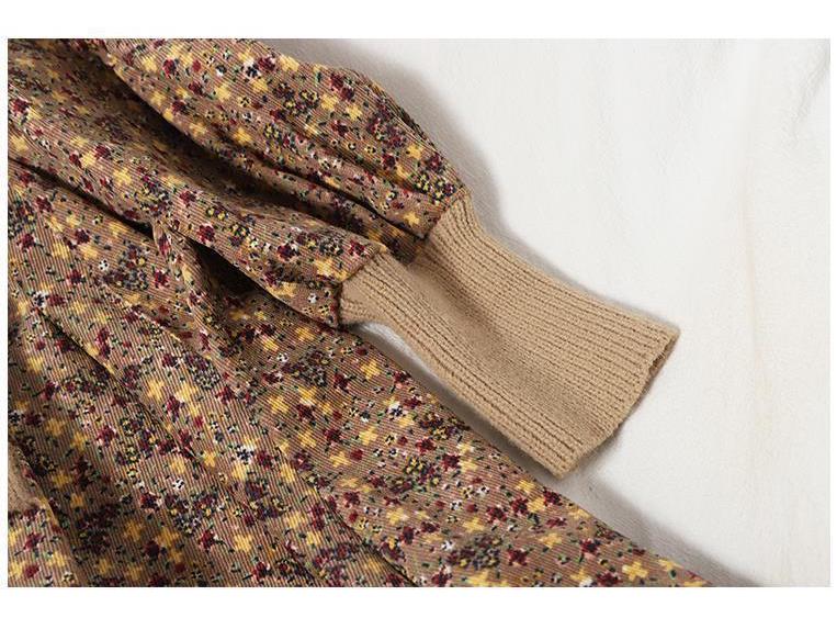 Trendy Autumn/Winter Korean Style Slimming Patchwork Tie-Up Knit Long Dress with Corduroy Floral Print