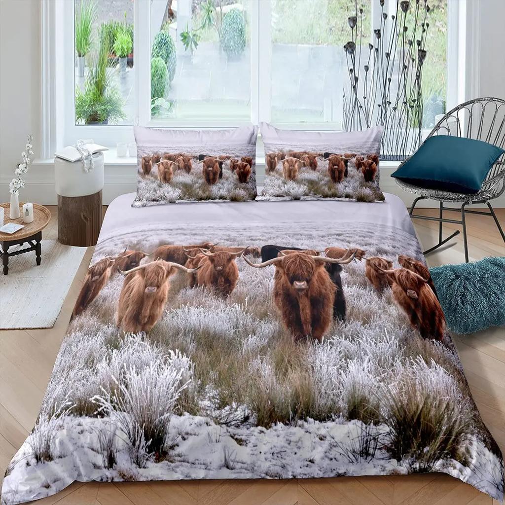 Cartoon Highland Cow Duvet Cover Set Western Animal Bedding Set 3D Ocean Bull Cattle Comforter Cover Floral Branches Quilt Cover