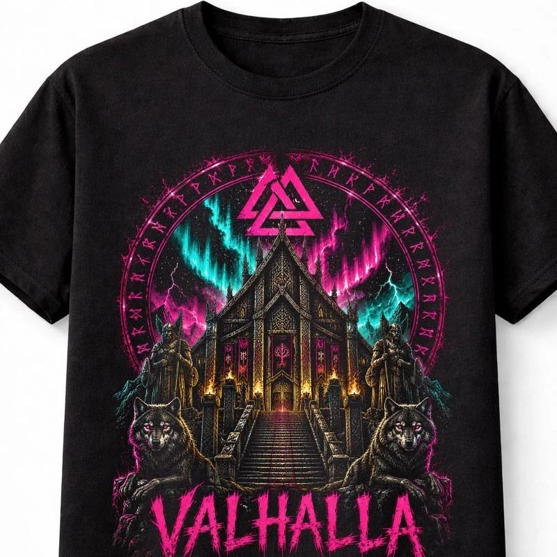 Valhalla Viking Hall Norse Mythology Wolves Ragnarok Unisex TShirt S