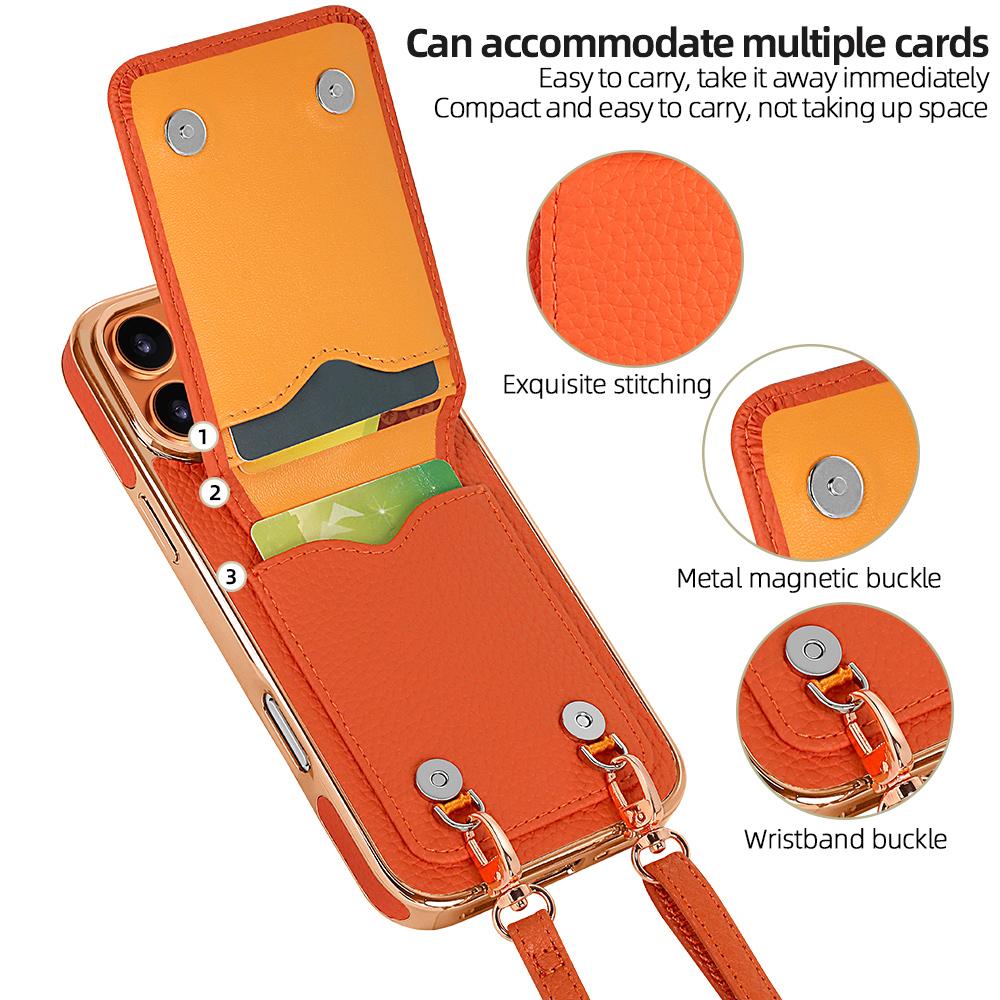 Crossbody Tasche mit Litschi-Muster, Kartenhalter, Handyhülle mit Lanyard zum Umhängen für iPhone 17 Pro Max 16 Plus 15 14 13, lange Kordel, Ständer Cover