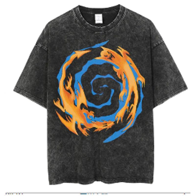Cartoon Spell Battle Oversized Retro 3D Printed Loose Large Round Neck Cotton Short Sleeve T-Shirts Men’s