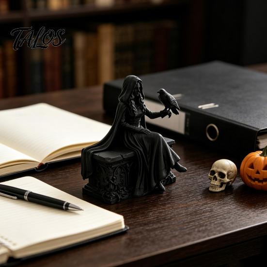 Gothic Crow Queen Figurine 3D Printed Figurine, Cloaked Robe Statue with Detailed Ornate Collectible Crow, Spooky Desktop Ornament for Home