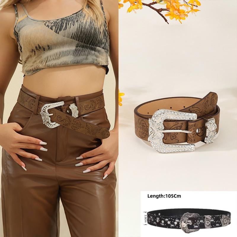 Personality Gothic Rhinestone Belts For Women Girl Fashion PU Leather Belts Western Cowboy Y2K Retro Jeans Skirt Decor Waistband