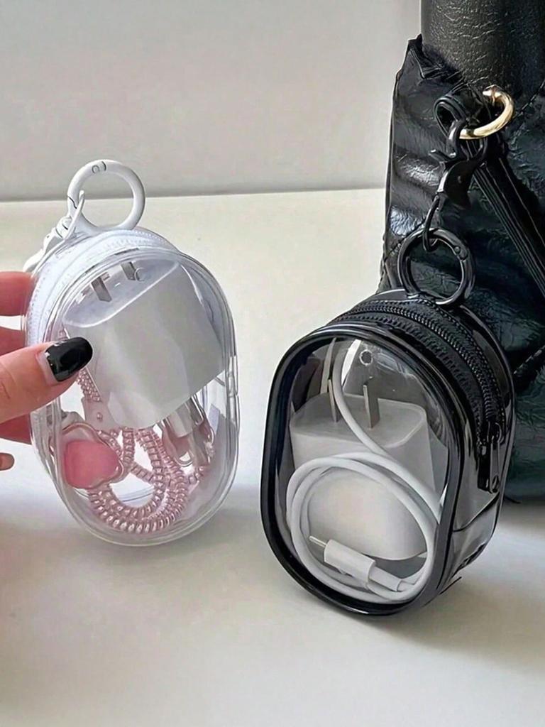 Portable Mini Transparent Zipper Storage Bag, Compact Multi-Functional Pouch, Earphone And Charger Organizer With Keychain