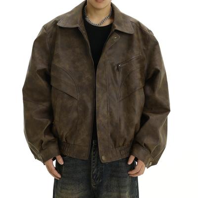 Trendy Men's American Retro Distressed Brown Leather Jacket - Cool Design, Casual Lapel, Niche Couple Style