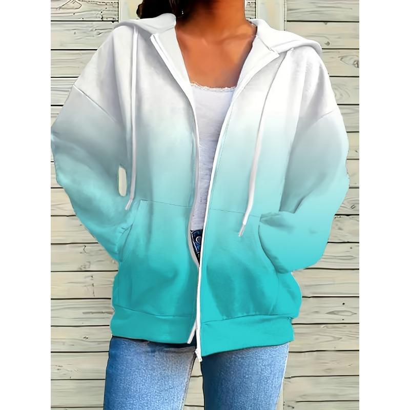 Woman Sweatshirts Simple Gradient Print Long Sleeves Zip Hoodie Autumn Casual Drawstring Design Fashion Women's Hoodie