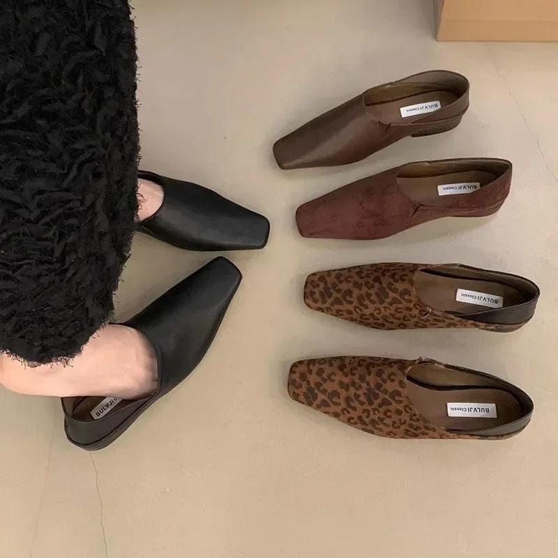 Fashion Square Toe Leopard Loafers Women Heels Shoes Leather Snow Boots 2025 Autumn Winter Elegant Women Pumps Dress Zapatos De Mujer