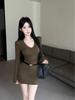 2025 Autumn French V-Neck Waist-Cinching Long-Sleeve Dress for Women - Sexy Short Date Skirt