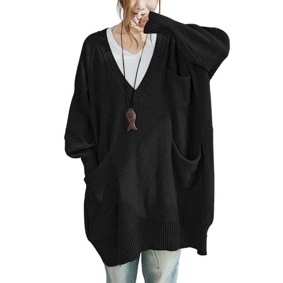 Women Sweater V-Neck Long Sleeve Sweater with Pockets Solid Color Loose Fit Long Hem Knitting Tops Autumn Winter Wear