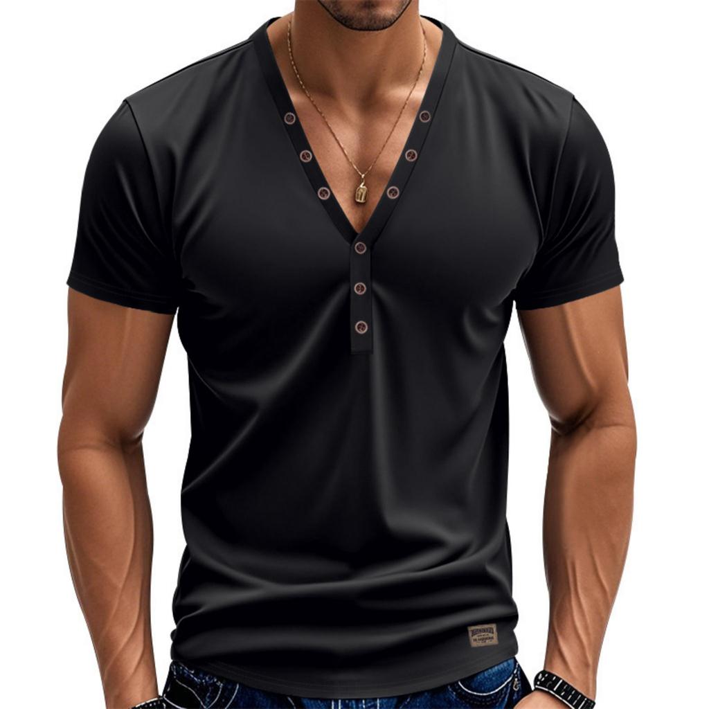 Maglietta Henley da Uomo a Maniche Corte con Scollo a V e Dettaglio Bottoni Vestibilità Slim Morbida Traspirante Maglietta Casual per l'Uso Quotidiano