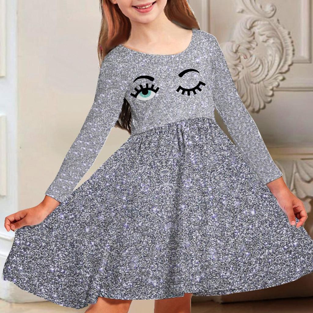 Abito da principessa per bambina, casual, con stampa 3D, occhi affascinanti, girocollo, a maniche lunghe, per Natale