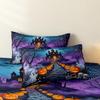 3 Pieces Halloween Spooky Castle Print Duvet Cover Set, Purple Night Ghost Pumpkin Skull Haunted House Printed Bedding