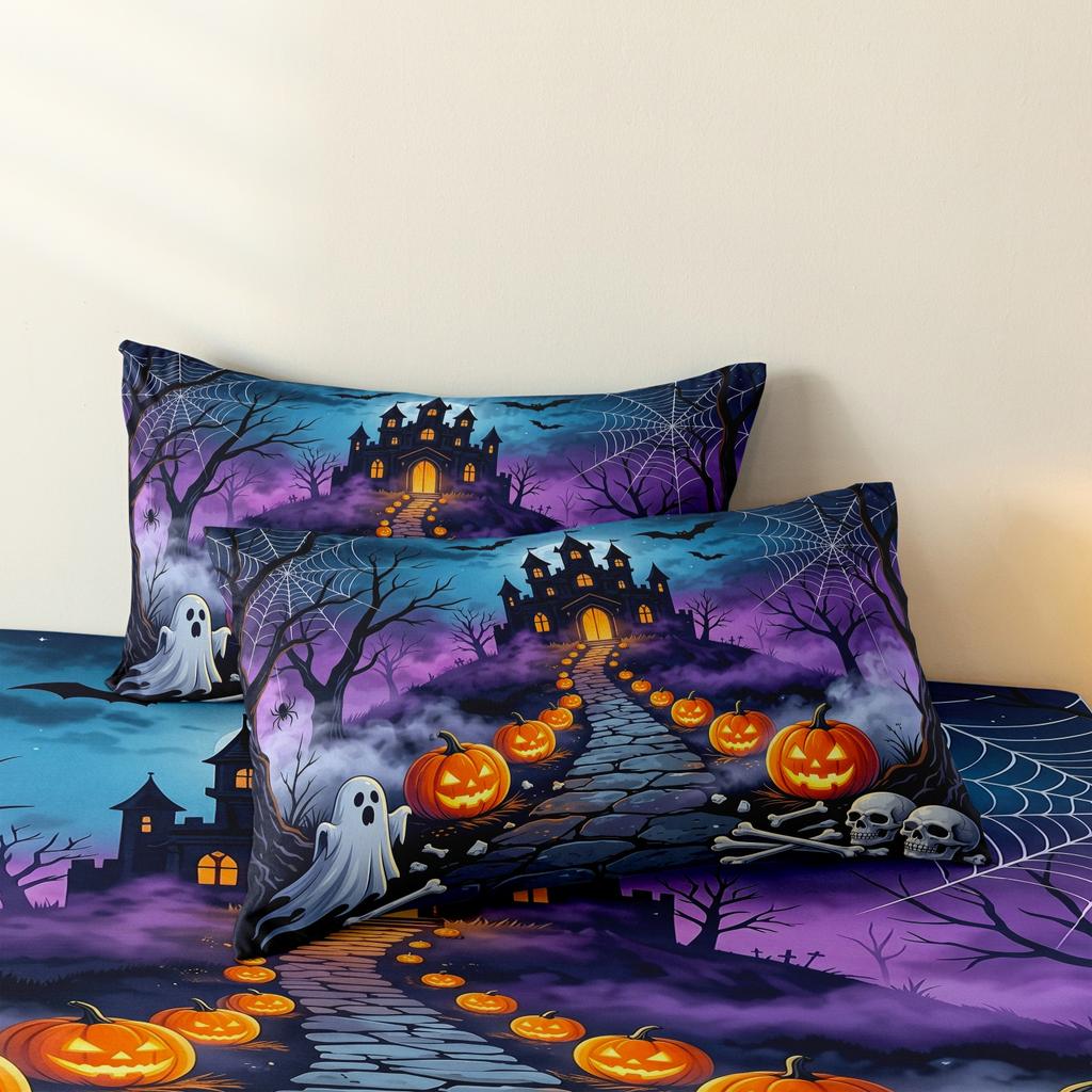 3 Pieces Halloween Spooky Castle Print Duvet Cover Set, Purple Night Ghost Pumpkin Skull Haunted House Printed Bedding