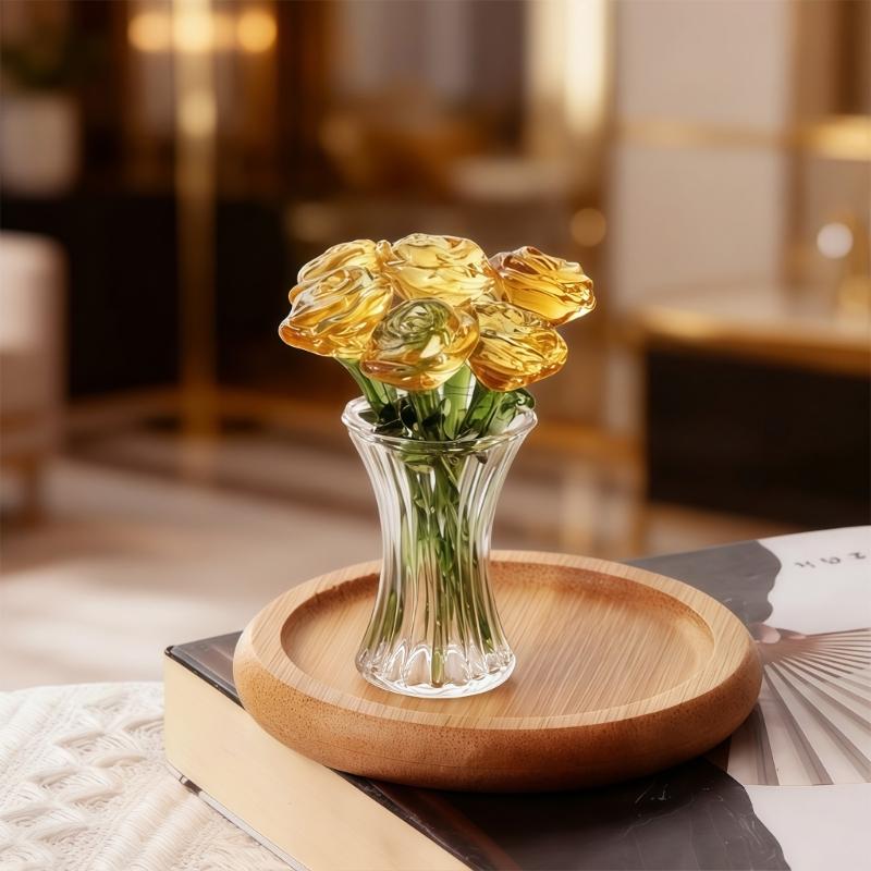 Miniature Crystal Rose Flower Figurine with Crystal Vase Handmade Rose Bouquet Gift for Mom Women Collectible Ornaments
