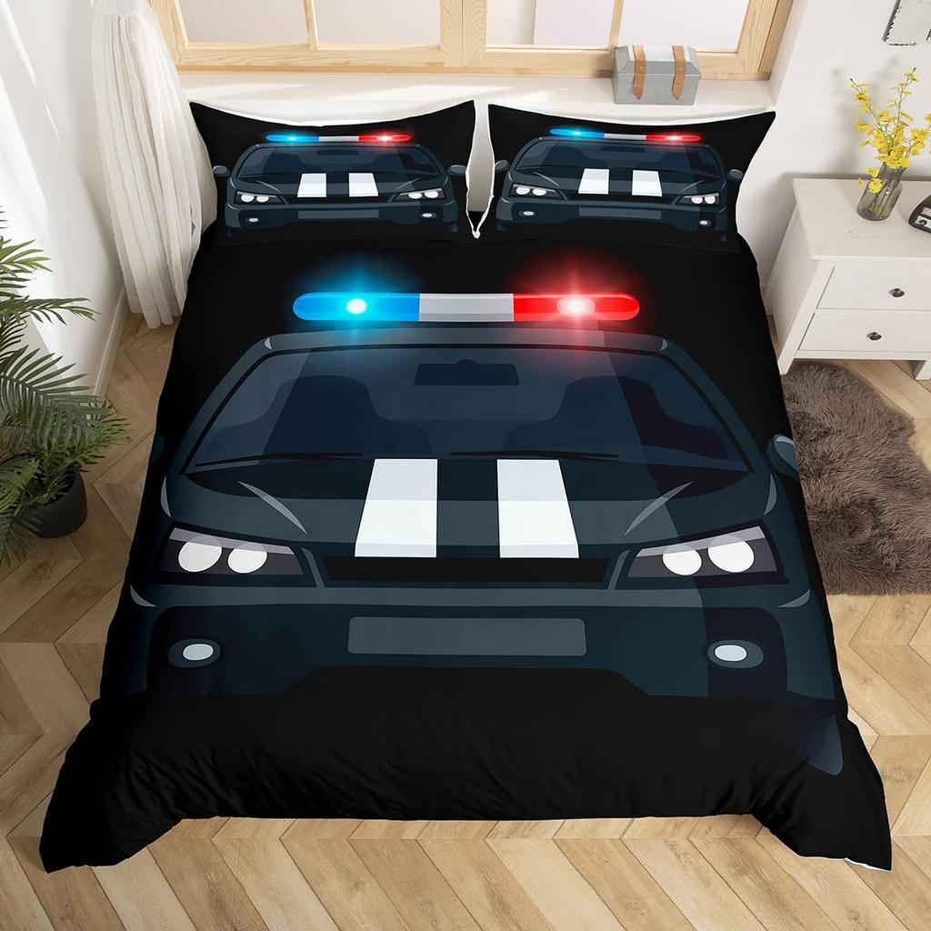 Police Car Duvet Cover Set Boys Cartoon Car Bedding Sets Full Size, Emergency Responder Vehicles Comforter Cover Set Blue Grey