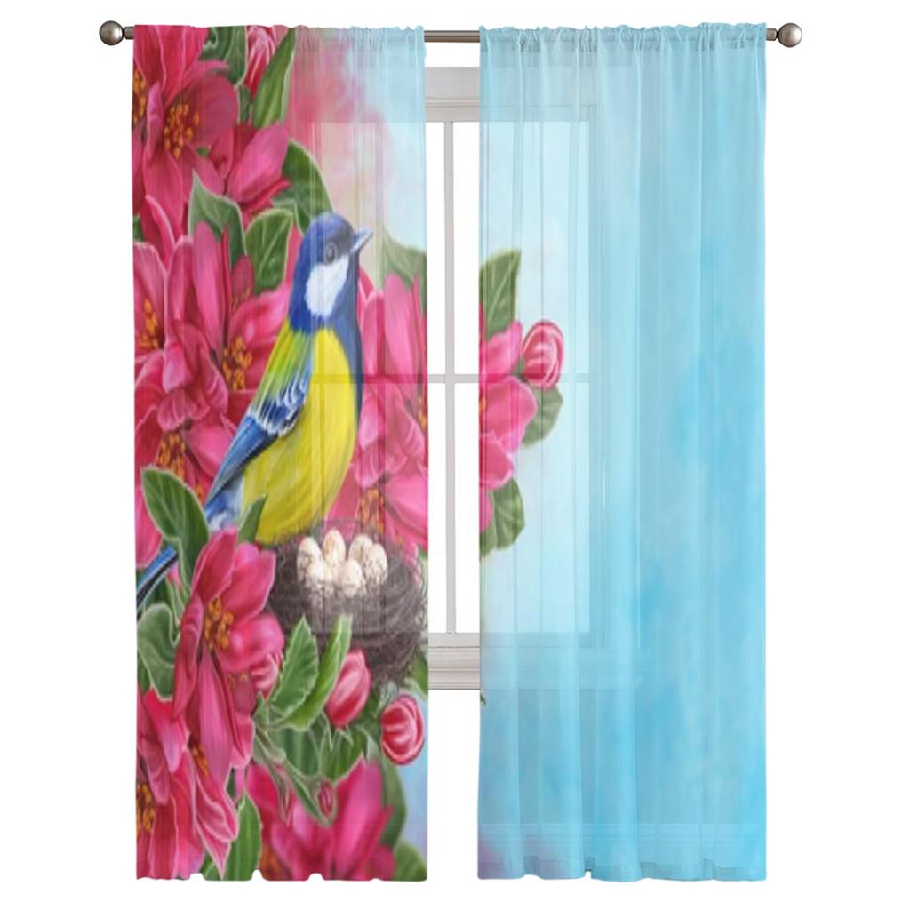 Yellow Bird Sakura Branch Sheer Curtains For Living Room Window Transparent Voile Tulle Curtain Bedroom Drapes Home Decor