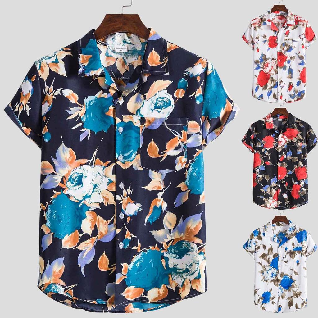 Mens Fashion Ethnic Short Sleeve Casual  Printing Hawaiian Shirt Blouse T-shirt