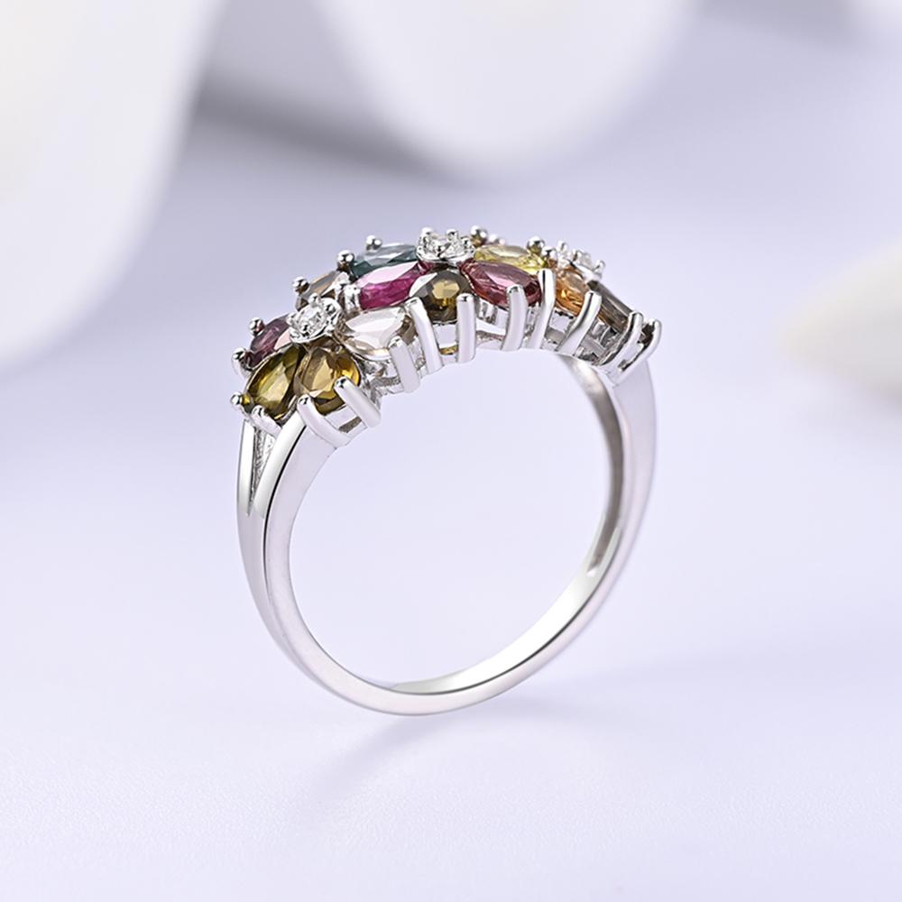 Natural Multi-Tourmaline Women Ring Flower Design 925 Sterling Silver Ring for Wedding Banquet Party Gift