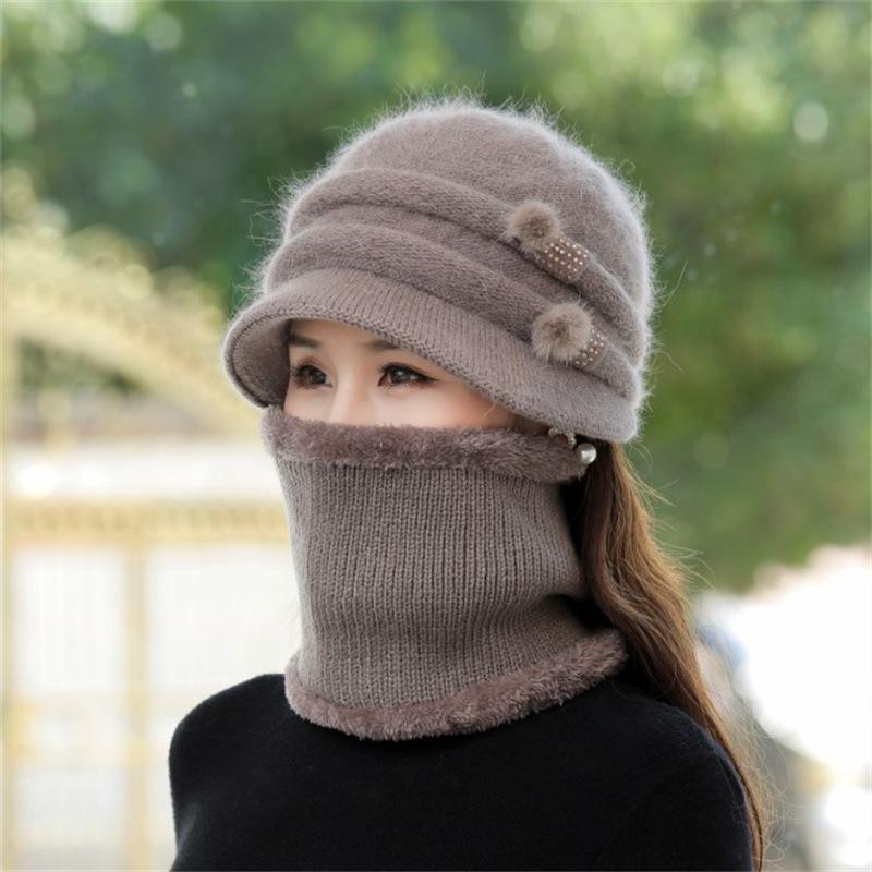 Women Winter Hat Keep Warm Cap Add Fur Lined CAPS And Scarf Set Warm For Female Casual Rabbit Fur Winter Knitted Bonnet