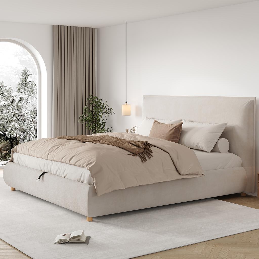 Upholstered Bed, Double Bed, 180*200cm, Hydraulic Function, Slatted Frame, Headboard, Large Storage Space, Bed Legs Made of Solid Wood, Cream, Velvet