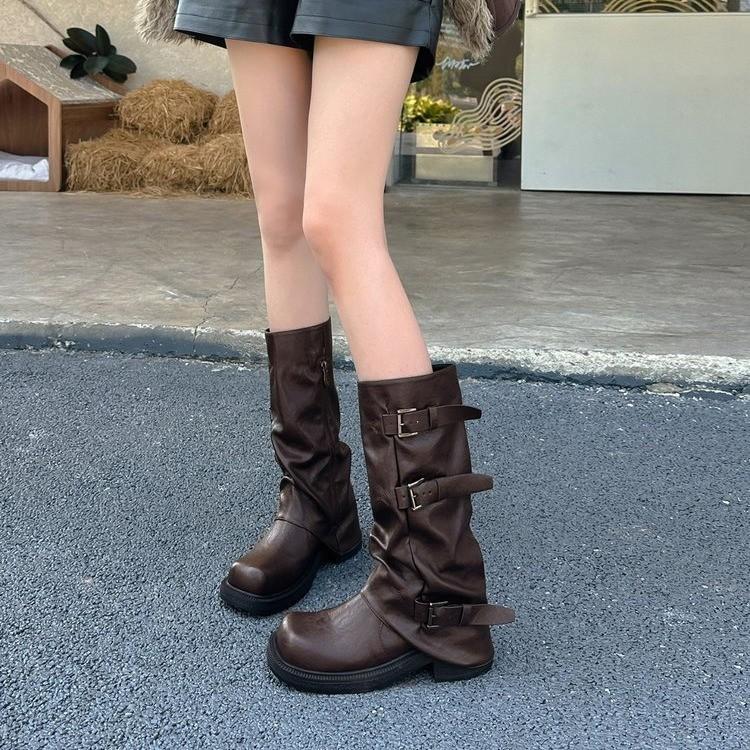 Korean ins~ Amber Soft Leather Wasteland Wind Pile Boots Women's Belt Buckle Height Increasing Skinny Medium Boots Pant Tube Boots
