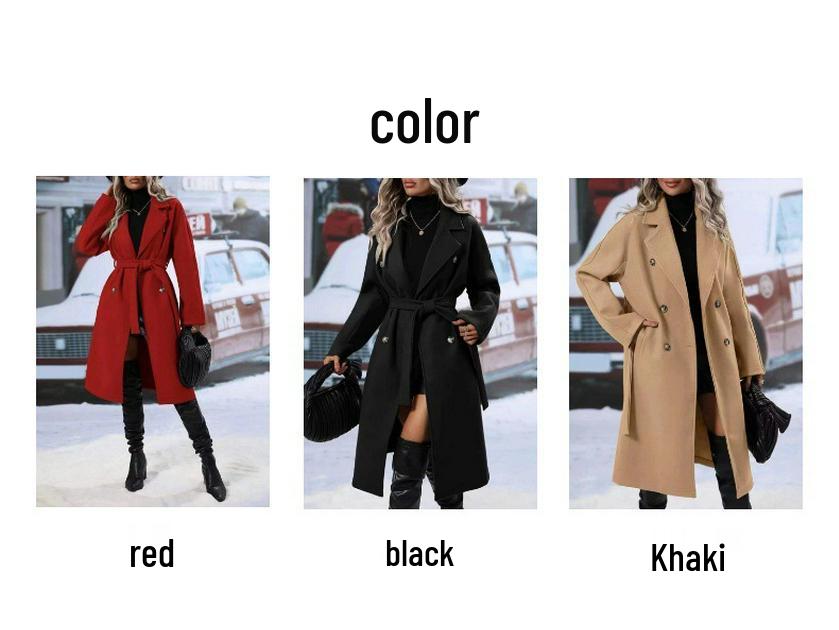 2025 Damen Zweireihiger Extra Langer Woll-Trenchcoat mit Drachen- & Phönix-Design, Unifarben, Reverskragen