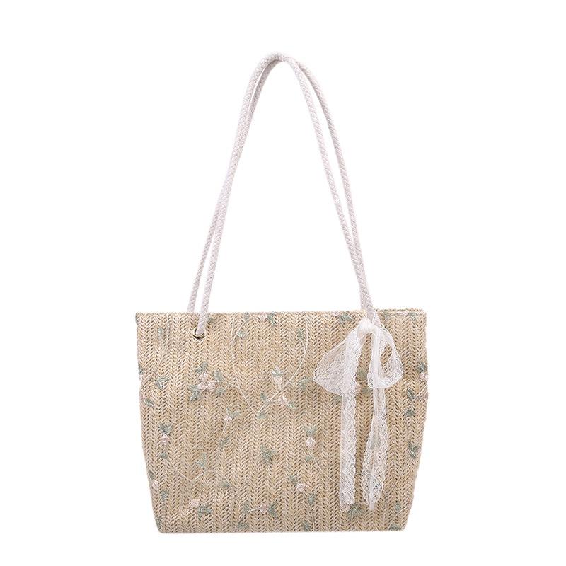 IELGY Summer women s fresh and simple lace flower weave foreign style beach shoulder tote bag хаки
