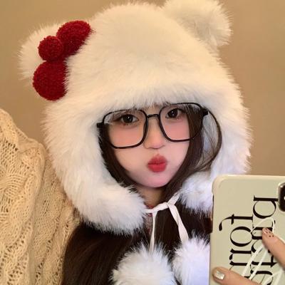 Cat Ear Cap for Cold Weather Bowknot Plush Hat for Girls Furry Women Windproof Ear Flap Hat Outdoor Activity Casual Hats