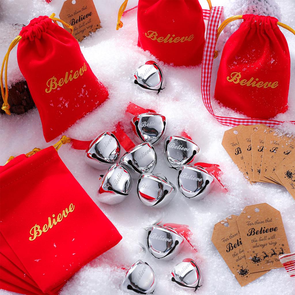 16 Sets Christmas Believe Bell Ornaments Xmas Bell With Red Velvet Bag Believe Tags Ribbons Xmas Tree Hanging Decor Jingle Bells