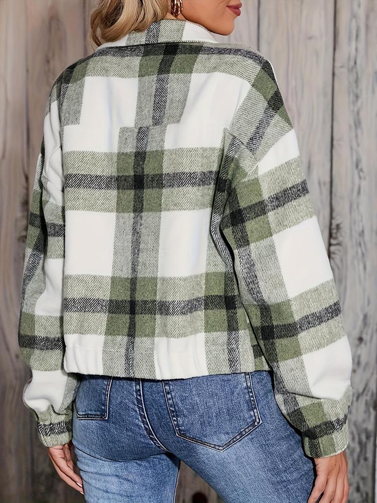 Autumn Winter Women's Plaid Zipper Jacket with Pockets - New Casual Short Style