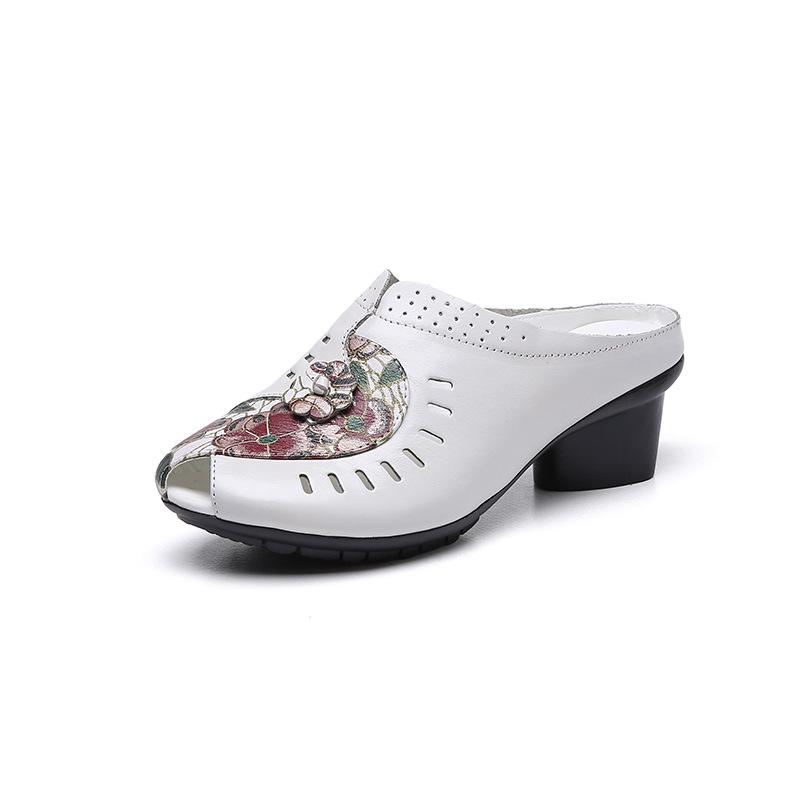 Slippers summer outer wear women's shoes thick heel soft sole sandals women's first layer cowhide hollow non-slip mother sandals