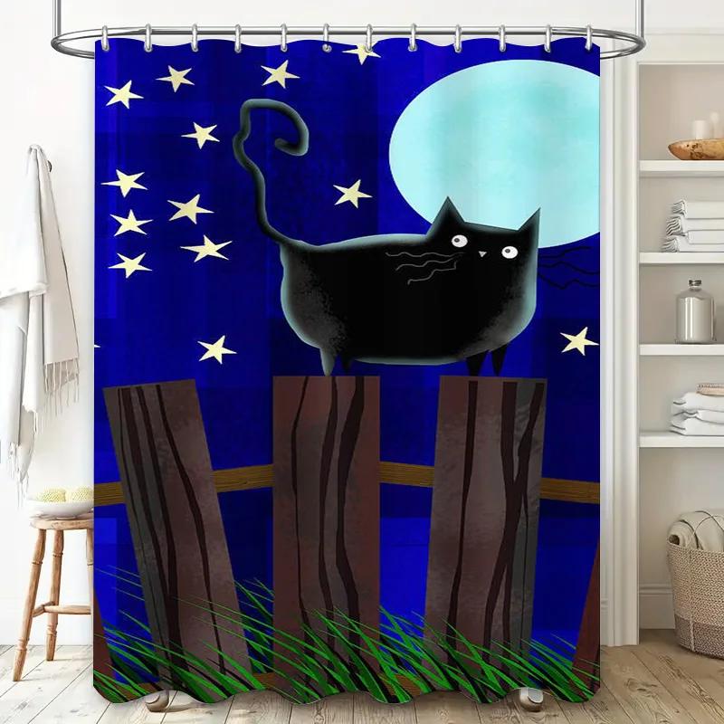 Night Sky Blue Moon Black Cat Shower Curtain Waterproof Bathroom Decor Home Decoration Window View Design Modern Art Print Custo