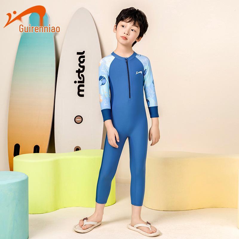 

Kids Boys Long Sleeve & Pants Quick-Dry Swimwear Set - Split Design 14 темно-синього кольору