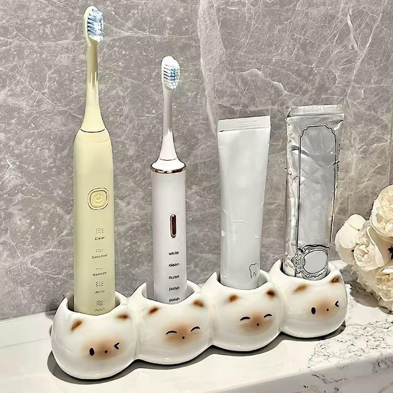 Ceramic Toothbrush Holder Cute Siamese Cat Electric Toothbrush Rack Storage Shelf Toothpaste Placement Home Bathroom Decoration