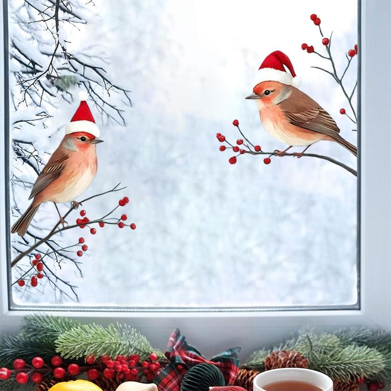 1Set Christmas Four Birds In Santa Hats and Red Berry Branches Window Sticker Self-adhesive Wall Stickers Door Glass Vinyl Decal