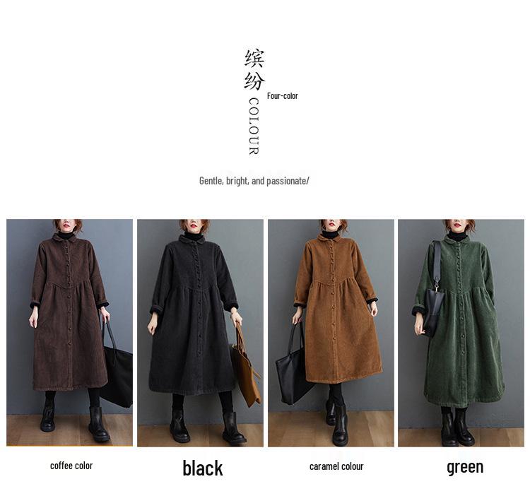 In Stock: Women's Korean Style Plus Velvet Corduroy Trench Coat - Thickened, Long Sleeve, Single-Breasted, 2025 Winter Edition.