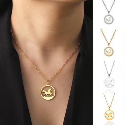 1Pc Round Pendant Necklace Temperament Diamond Inlaid Exquisite Stainless Steel New Year Gift Horse Pendant Necklace