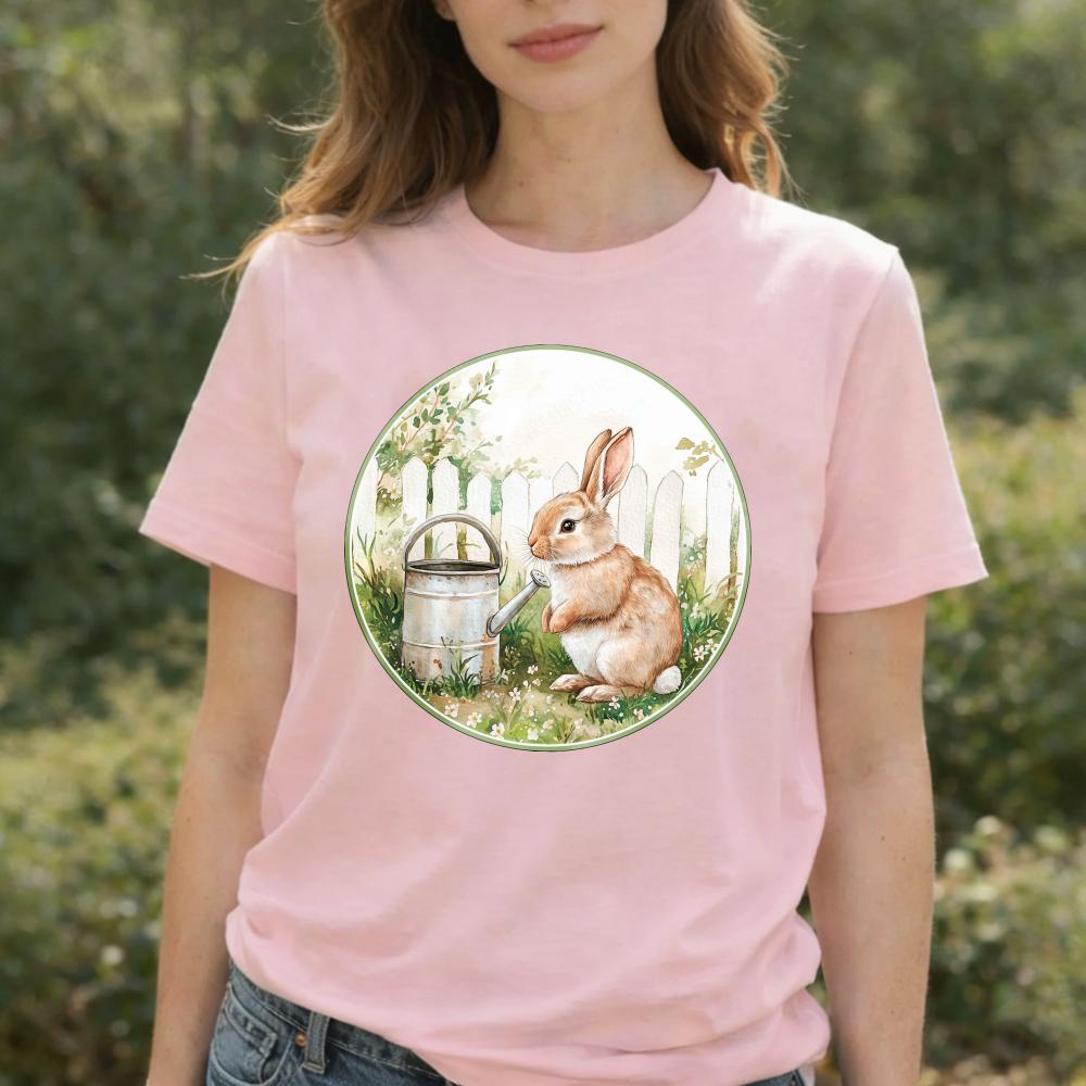 Watercolor Garden Bunny Tshirt Rabbit With Watering Can Fence Floral Graphic Tshirts Vintage Aesthetic Festive Casual Tshirts