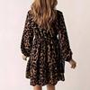 Women's Long-sleeved V-neck Casual Waist-hugging Leopard Print Knee-length Dress