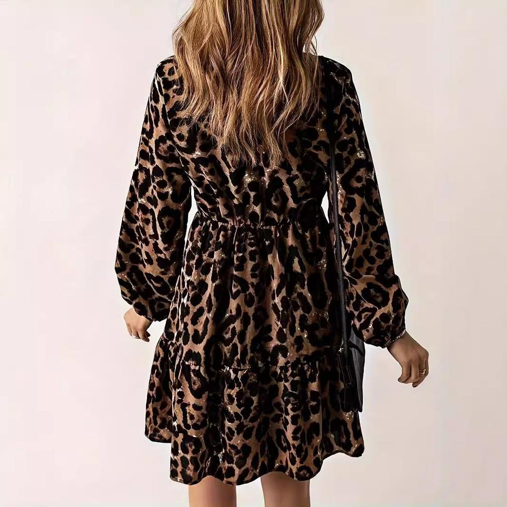 Women's Long-sleeved V-neck Casual Waist-hugging Leopard Print Knee-length Dress