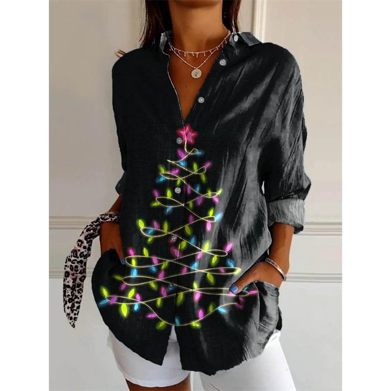 Christmas Women's Christmas Tree 3D Print Shirt Fashion Collar Loose-Fit Breathable Streetwear Shirt Relaxed Fit