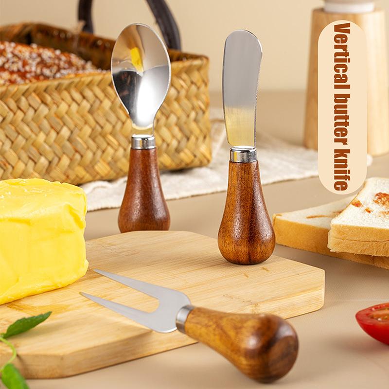 Stainless Steel Cheese Knives Cheese Fork Set Wooden Handle Butter Spatula Knife Cheese Spreader Jam Spreader Baking Tools