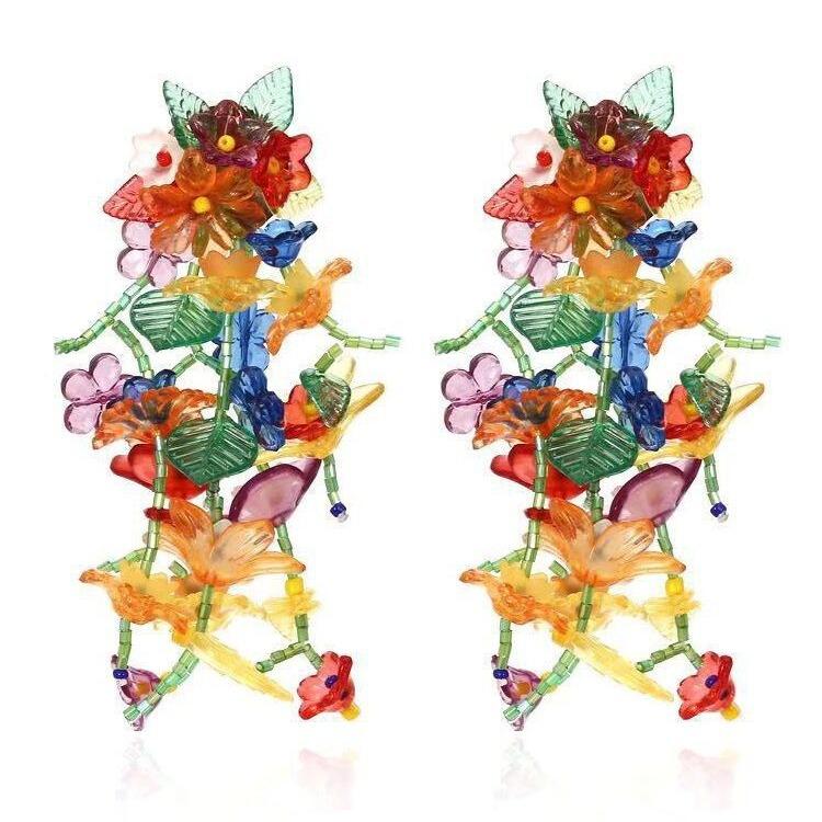 Personalized Design Sense Color Flower Hand-Woven Stud Earrings Women'S Spring And Summer Beaded Flower Leaf Earrings Long Earrings
