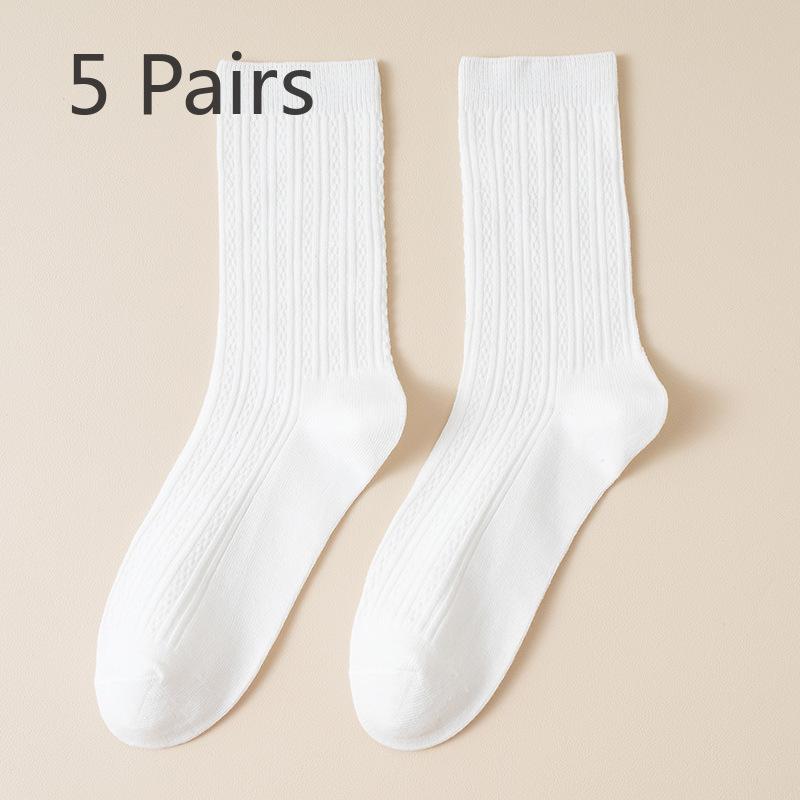 5 Pairs Boneless White Socks Women's Mid-calf Socks Autumn and Winter Cotton Tide Grey Double Needle Anti-pilling Long Stacked Socks