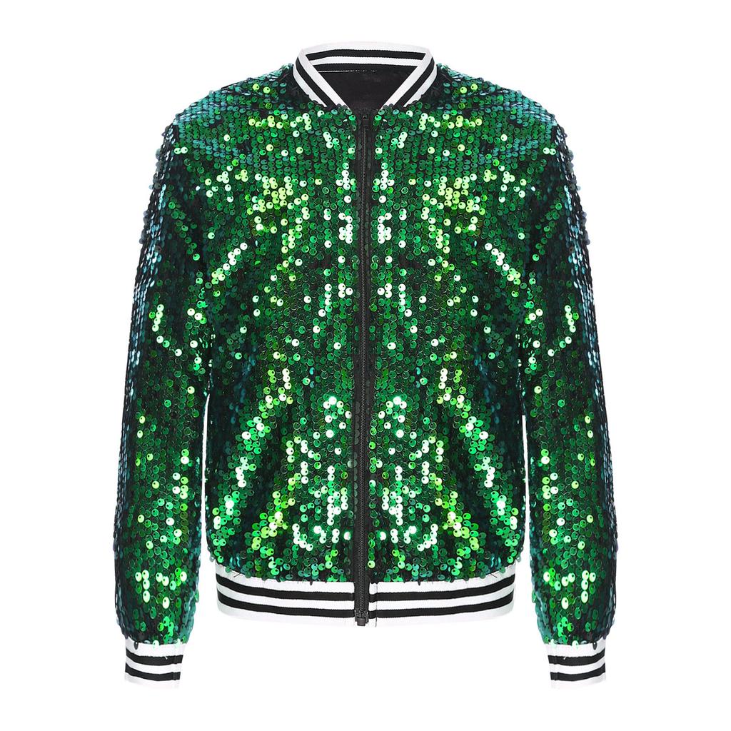 Mädchen Glitzernde Pailletten Baseballjacke Langarm Reißverschluss vorne Gestreifter Besatz Oberbekleidung Tanzparty Bomberstil Mantel