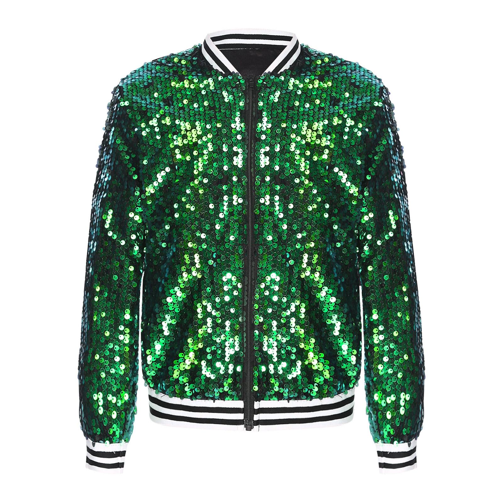 

Дівчача блискуча куртка-бомбер з паєтками, з довгими рукавами, на блискавці спереду, з смугастою обробкою, верхній одяг для танців, вечірок, у стилі бомбер 7-8 Years