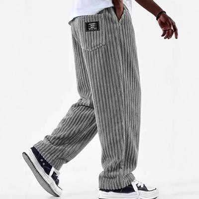 Wide-width Corduroy Patch Logo Pocket Casual Loose Straight-leg Pants for Men