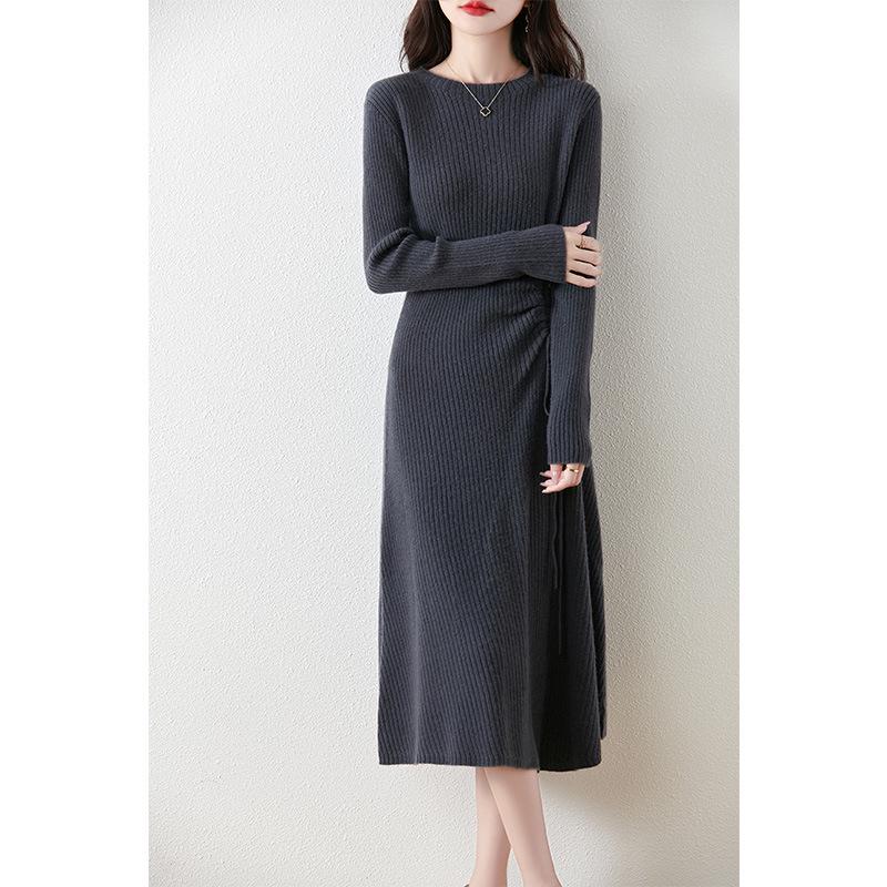 Women's Cashmere Knit A-Line Dress - Mid-Length, Round Neck, Over-the-Knee, 100% Pure, Casual and Versatile