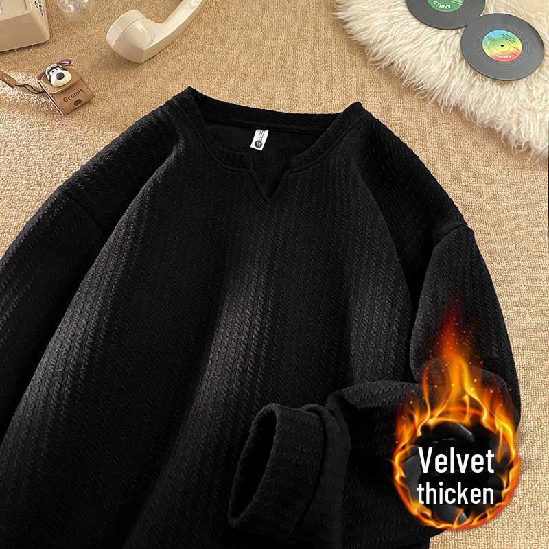 

Мужская фактурная зимняя футболка с V-образным вырезом и длинными рукавами, утолщенная бархатом, модное нижнее белье 2024 года для подростков. Large чёрный