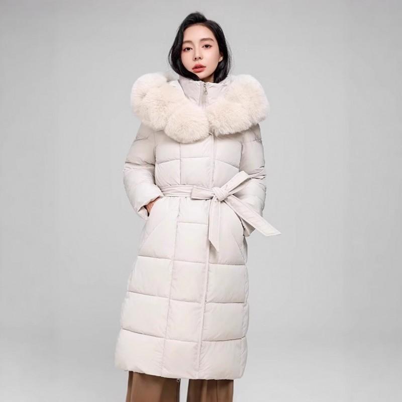 Womens Long Puffer Coat With Faux Fur Trim Hood Knee-Length Warm Winter Jacket Slim Fit Drawstring Waist